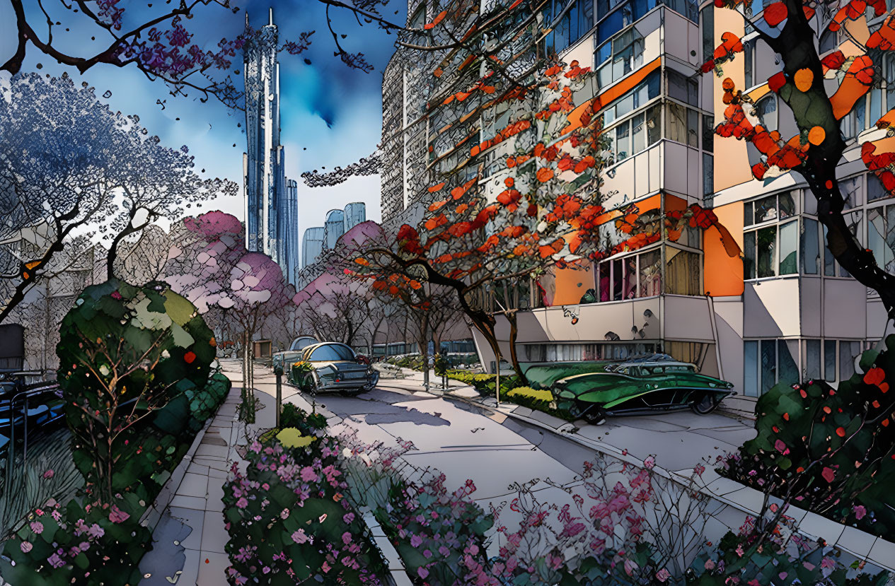 Colorful urban street scene with vibrant trees, cars, and modern buildings