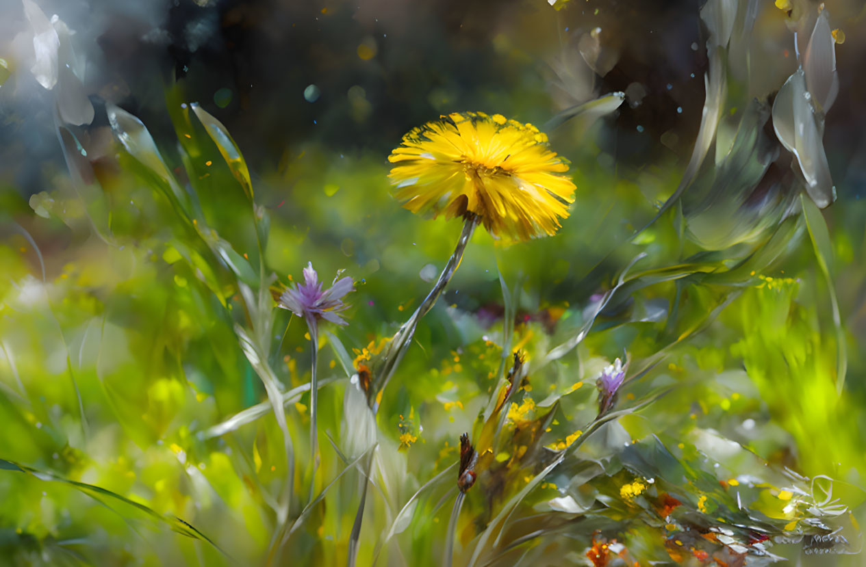 Bright Yellow Dandelion in Dreamy Field with Purple Flower and Bokeh Lights