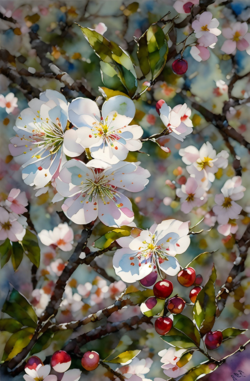 Detailed painting of cherry blossoms and berries against blurred background