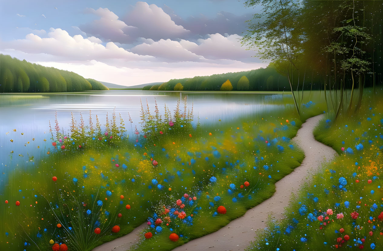 Tranquil landscape: winding path, wildflowers, calm lake, forested hills