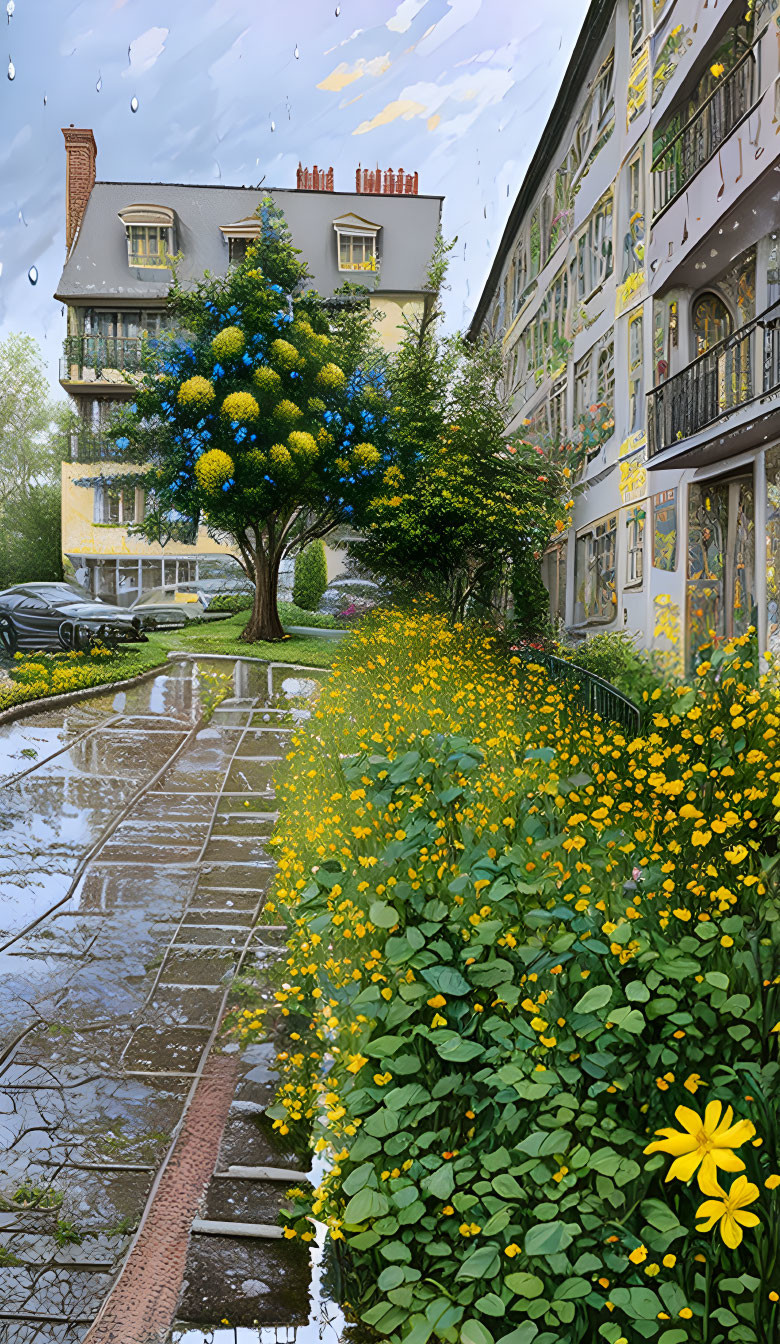 Urban residential area with lush tree and yellow fruits surrounded by blooming flowers