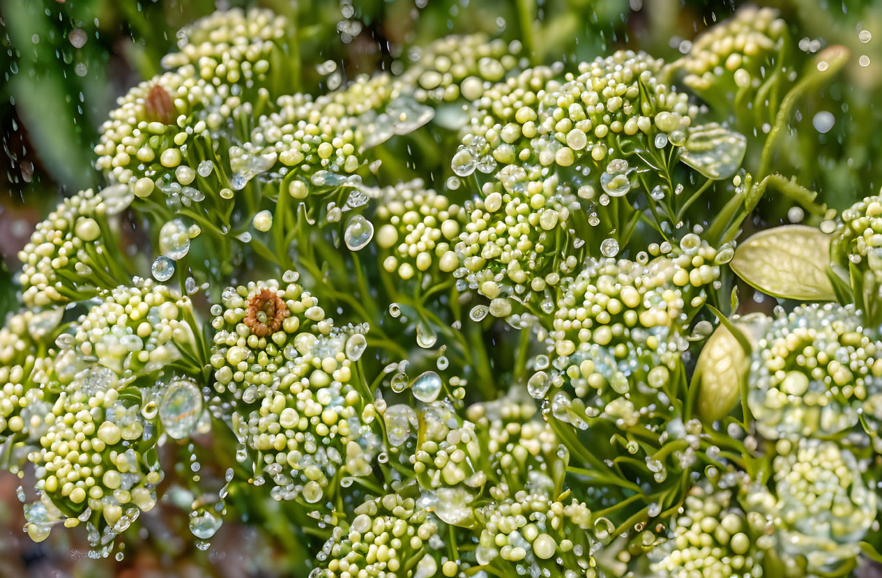 Fresh green flowers with water droplets under bright light