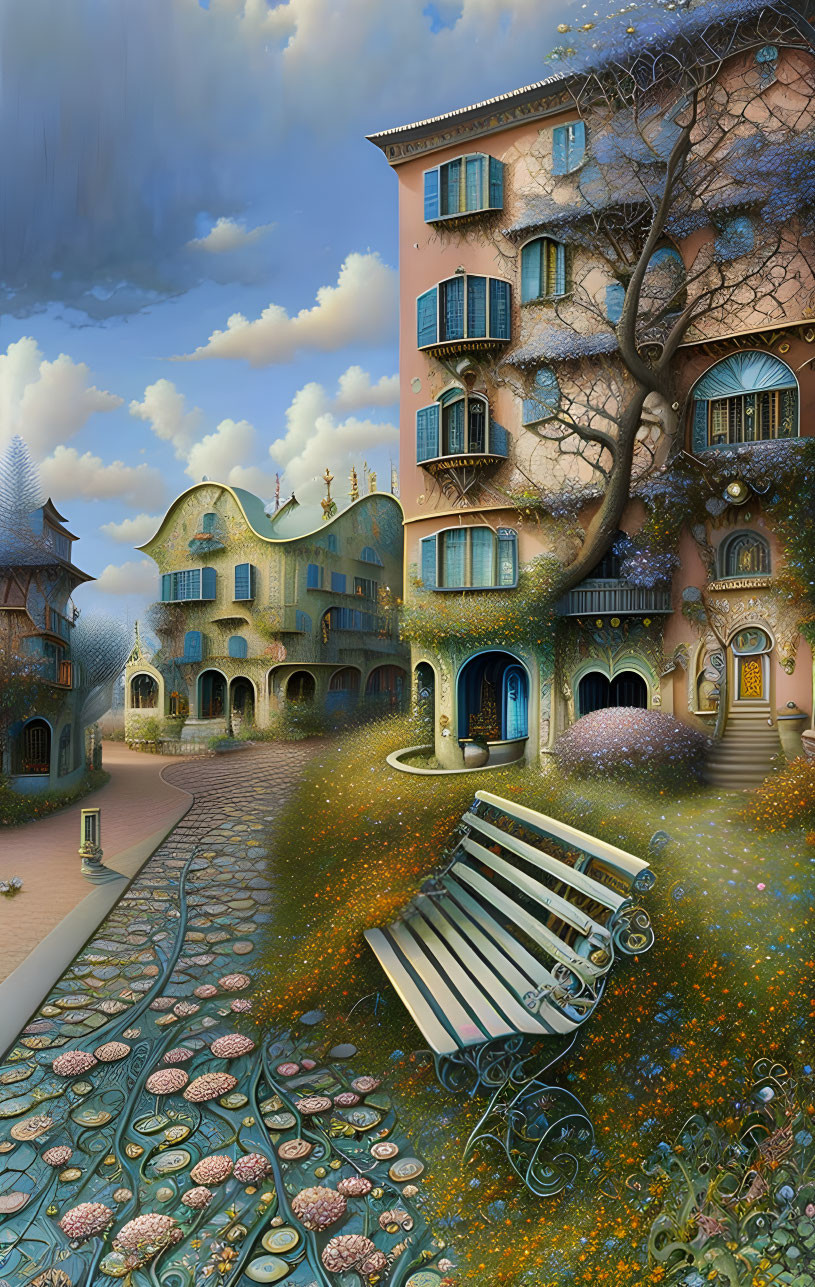 Whimsical fantasy village scene with pastel buildings, cobblestone path, flowering tree, bench