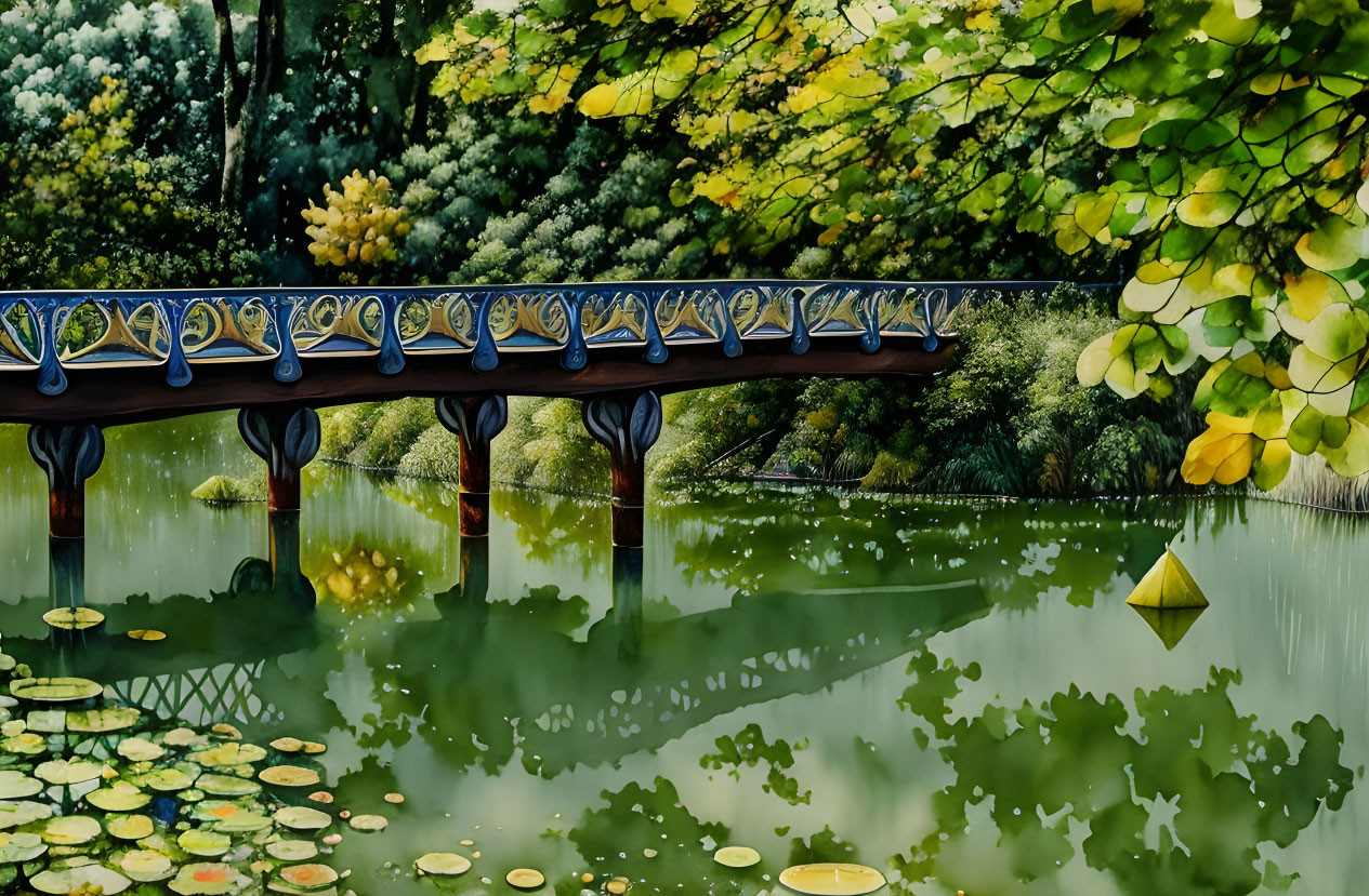 Scenic painting of decorative bridge railing over tranquil pond with water lilies and lush trees