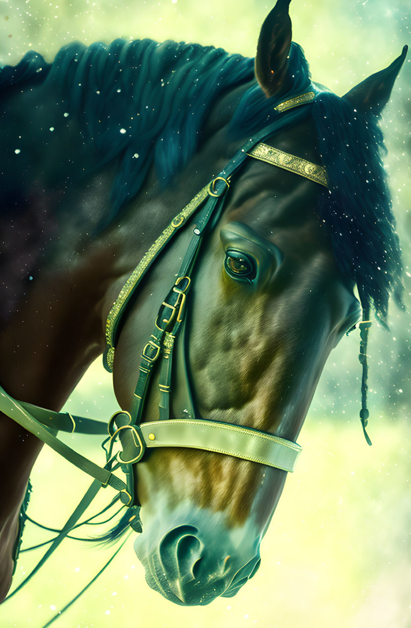 Dark horse with shining bridle on soft green background.