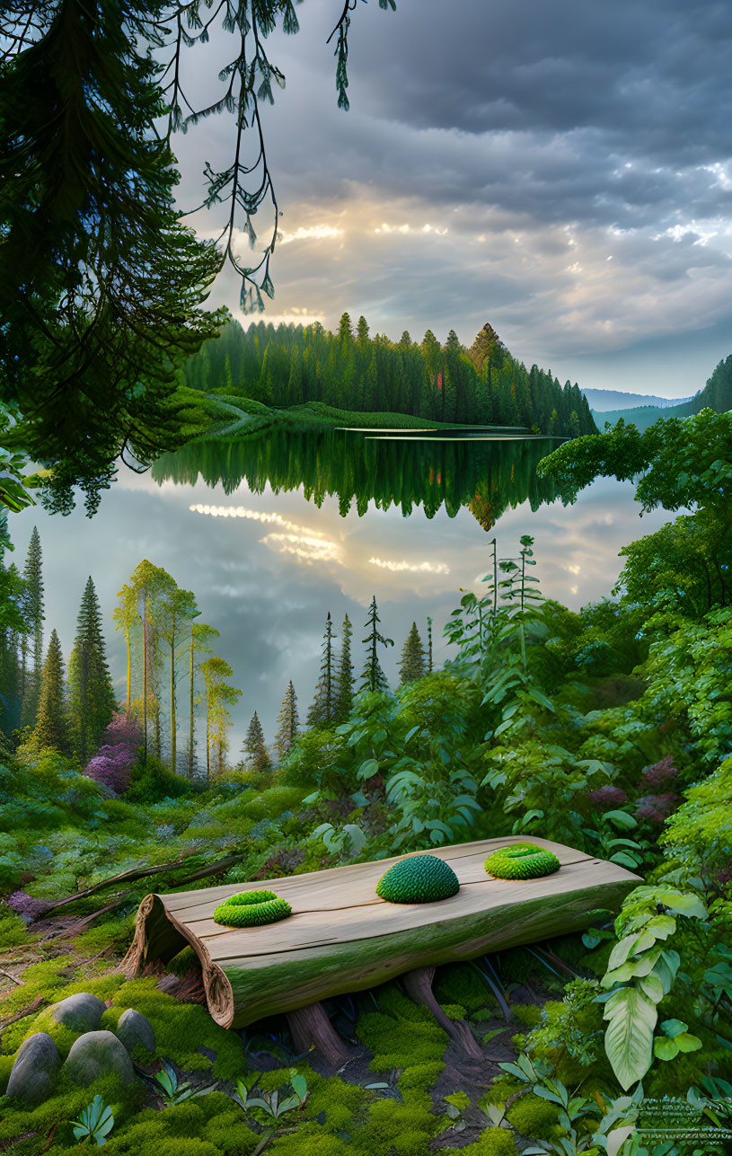 Tranquil lake scene with lush pines, cloudy sky, and vibrant undergrowth