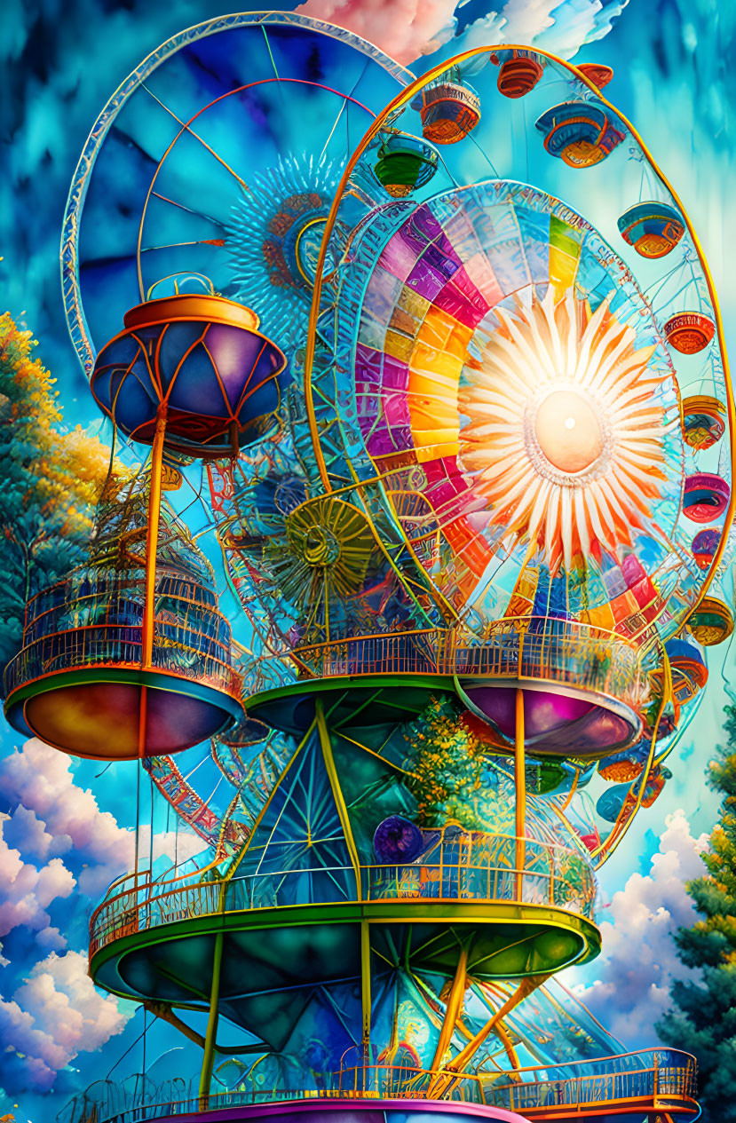 Colorful Ferris Wheel and Roller Coaster in Vibrant Amusement Park