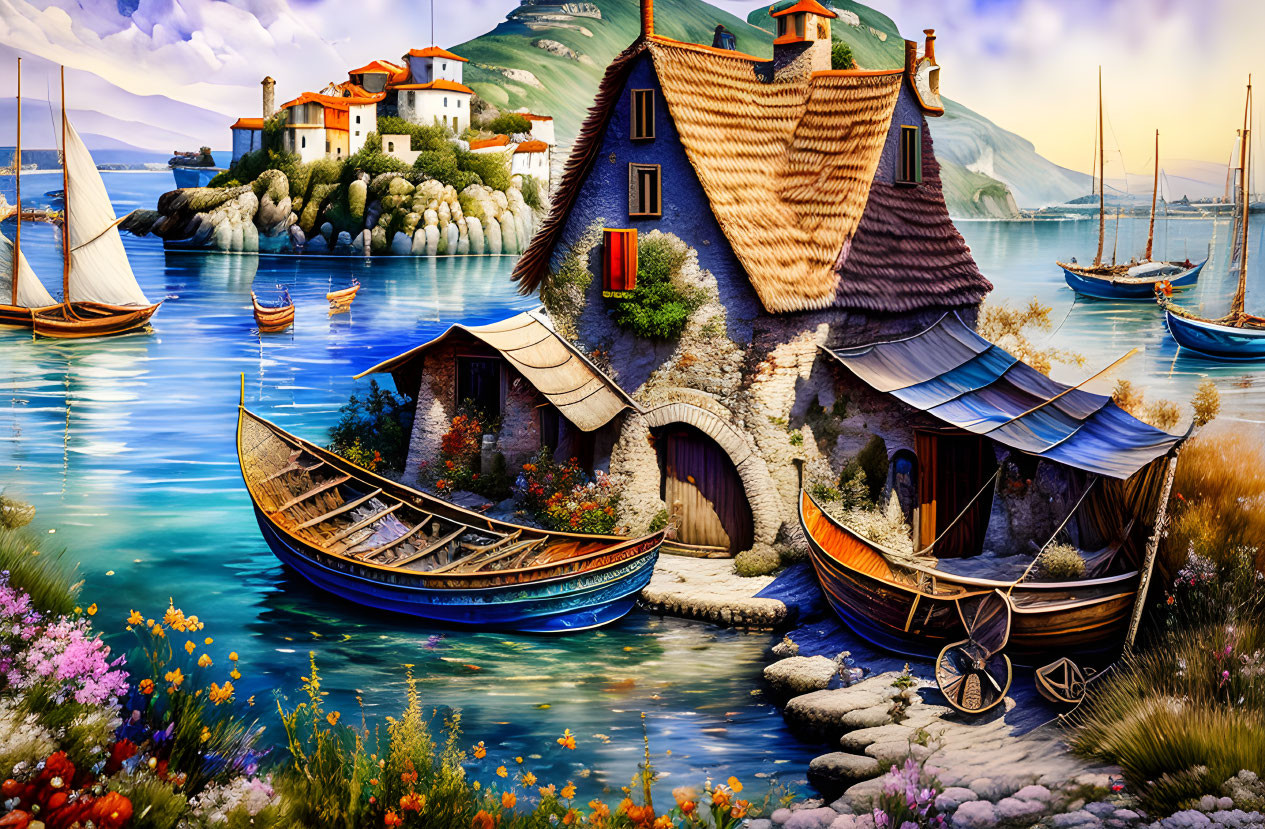 Tranquil coastal landscape with charming houses, boats, lush flora, and rolling hills