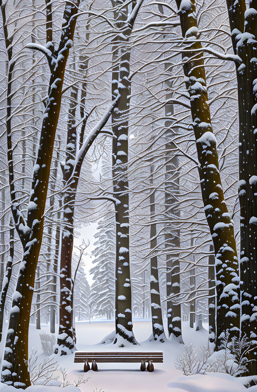 Snow-covered winter forest with tall trees and serene bench