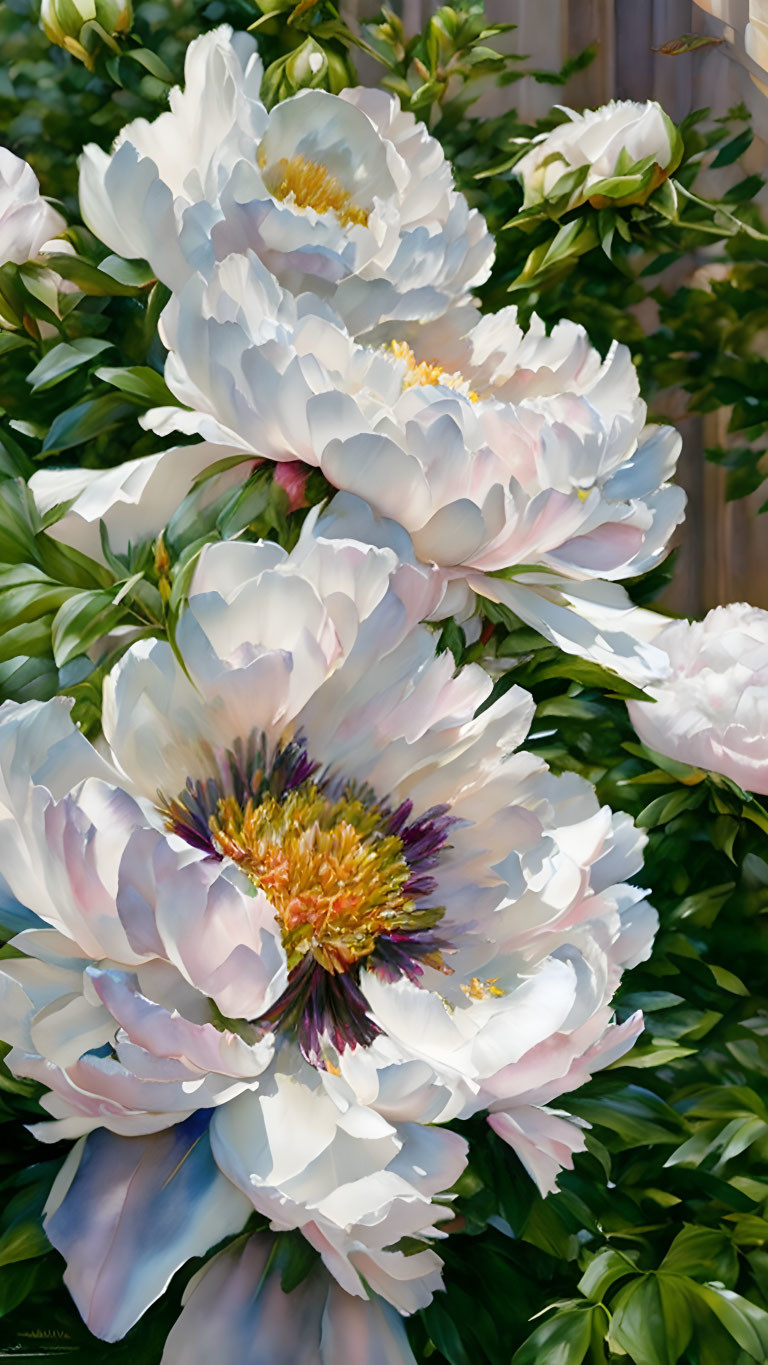 Large white peonies with purple hints and lush green foliage display.