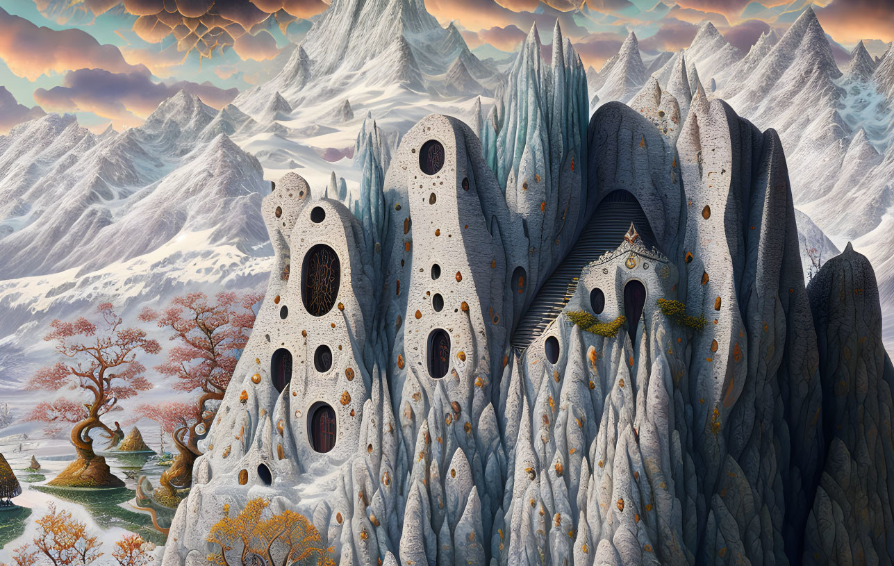 Whimsical mountain structures in surreal landscape