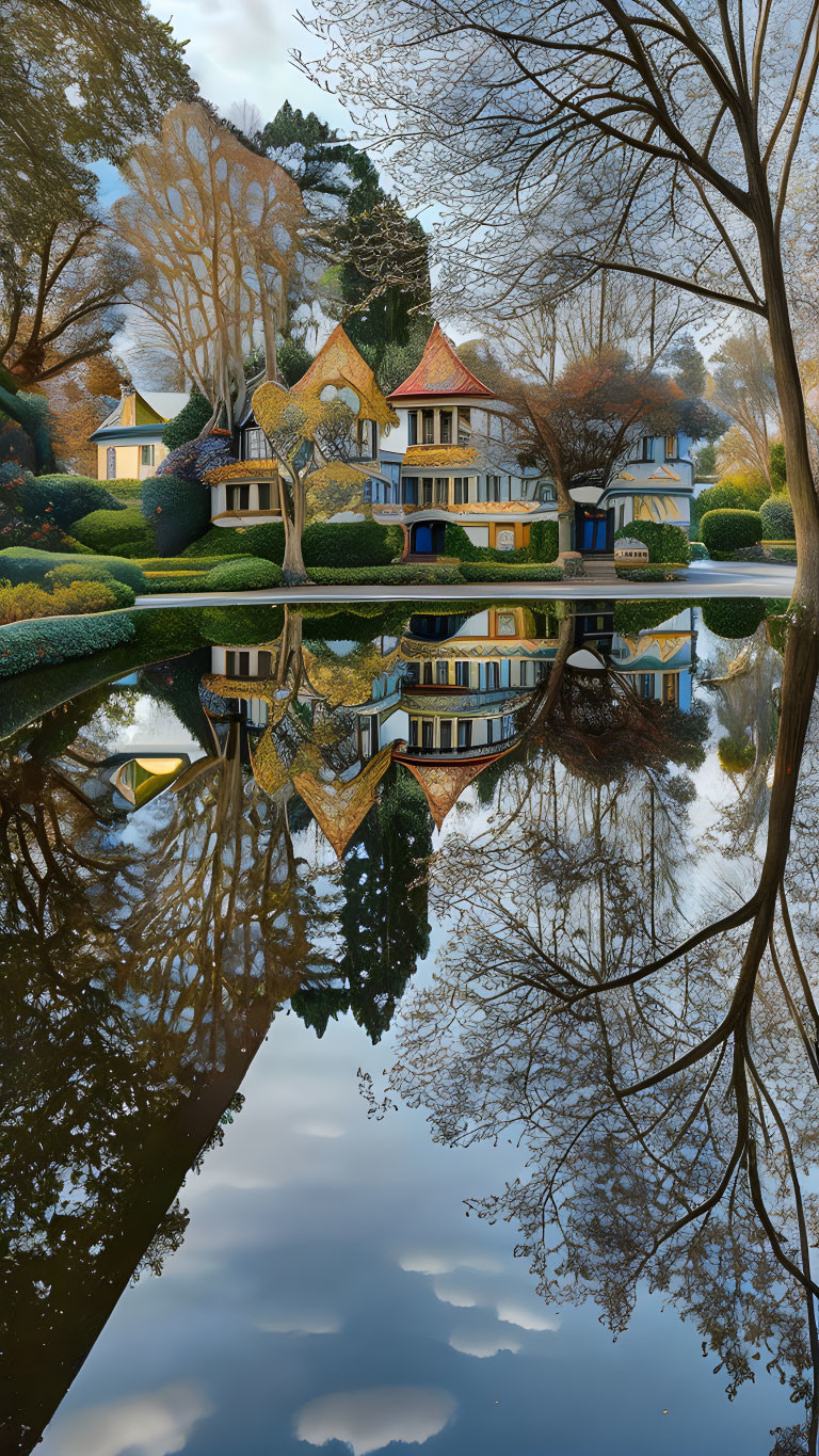 Charming houses with unique roofs near pond on cloudy day