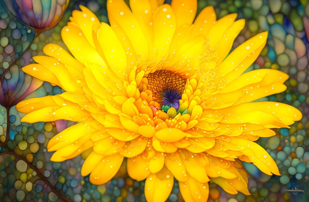 Colorful digital artwork: Yellow gerbera daisy with water droplets on petals