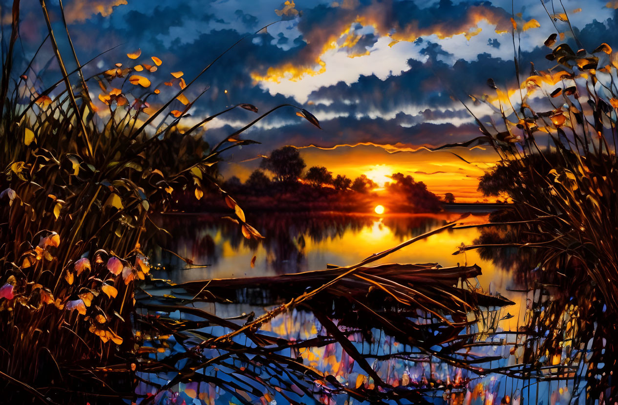 Colorful sunset painting over lake with silhouetted foliage and vivid sky