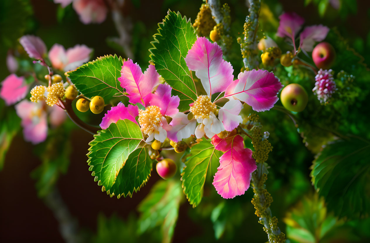 Bright pink flowers with yellow centers and green leaves, adorned with berries and dewdrops on a soft-focus