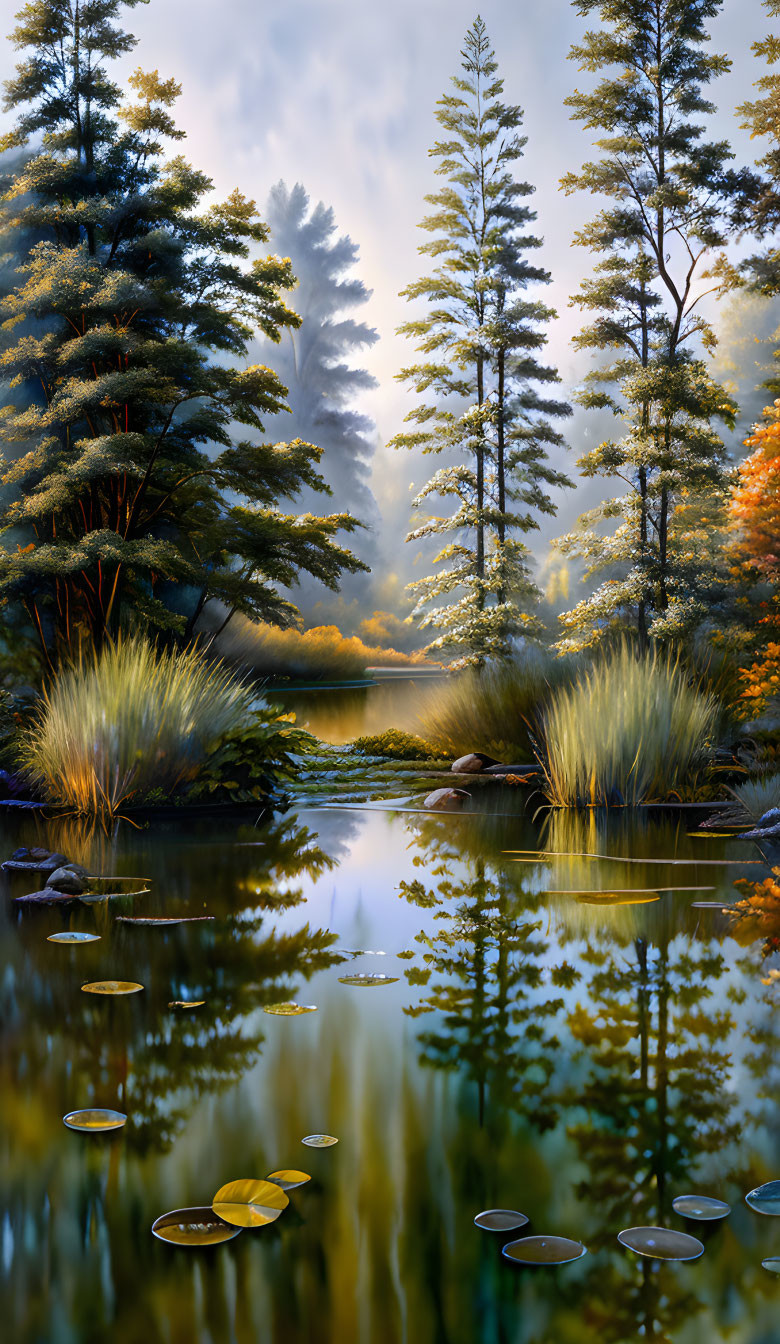 Serene forest landscape with pond, trees, and sunset sky