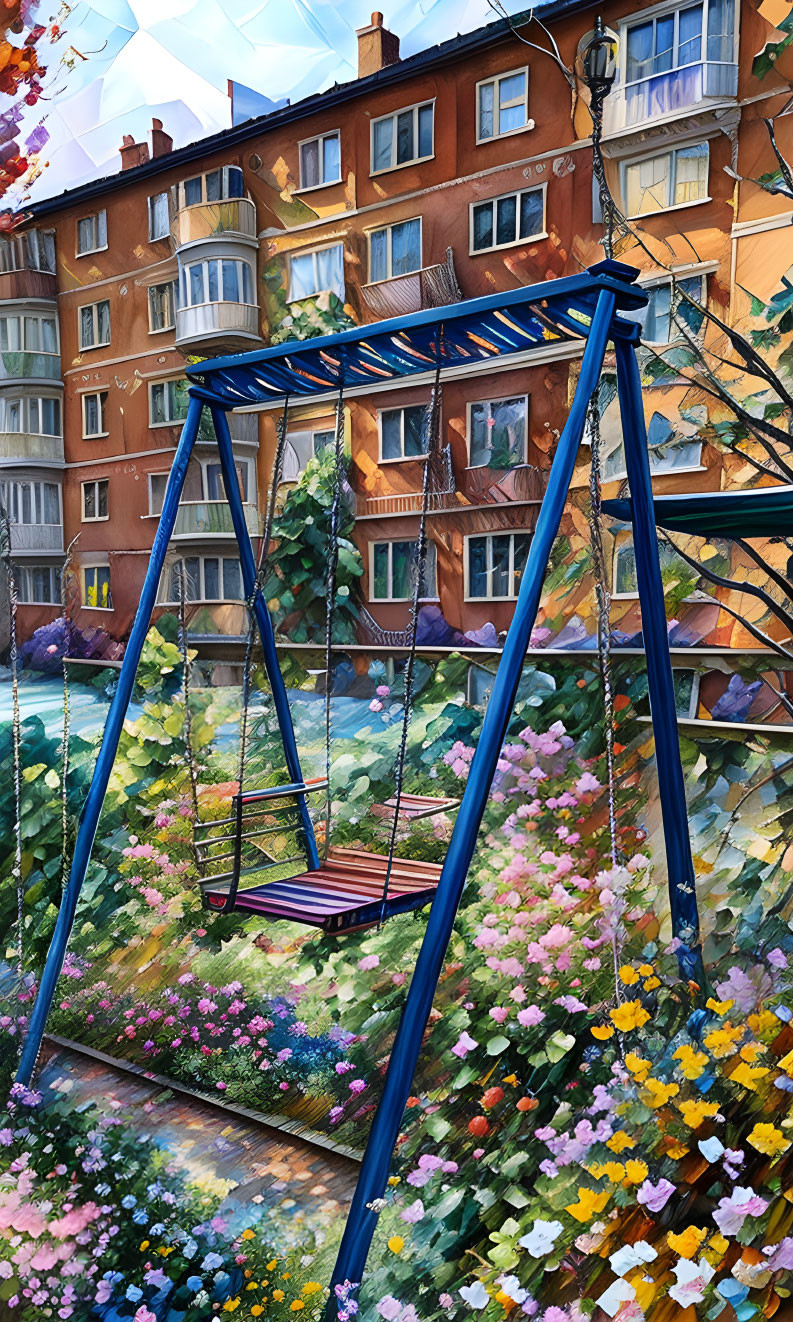 Colorful painting of swing set in floral garden with urban backdrop