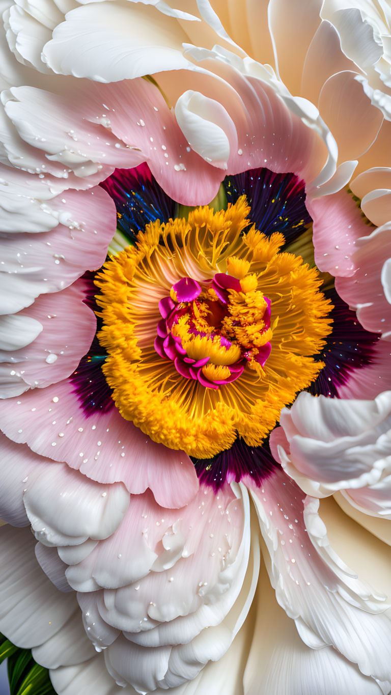 Vibrant peony with water droplets: pink and white petals, bold yellow core