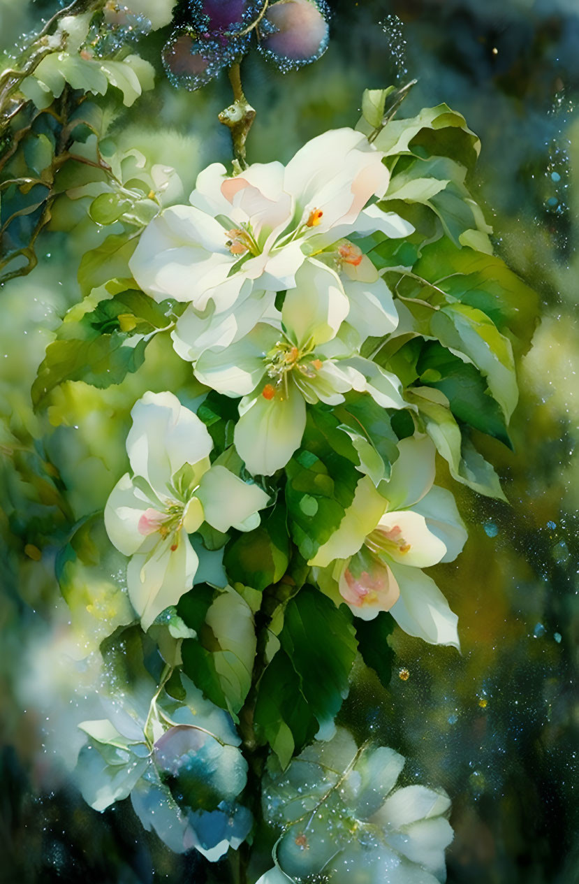 White Flowers with Pink Accents and Blue Background - Nature Photography