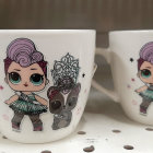 Ornate teacups with women's portraits and steampunk motifs on decorative backdrop