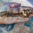 Surreal panoramic landscape of quaint village on curved earthly fragment with cosmic backdrop