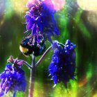 Iridescent bumblebee collecting nectar from purple flower in bokeh garden