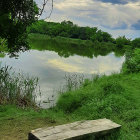 Tranquil lake scene with lush pines, cloudy sky, and vibrant undergrowth