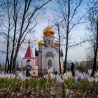 White and Gold Temple Illustration with Blooming Flowers and Mountain Backdrop