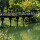 Scenic painting of decorative bridge railing over tranquil pond with water lilies and lush trees