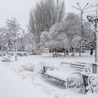 Snow-covered winter scene with trees, bench, lamp posts, and lit gazebo.