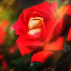 Colorful painting of red rose, buds, and butterfly on dark background