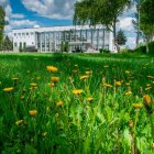 Glass building in lush meadow with trees under blue sky