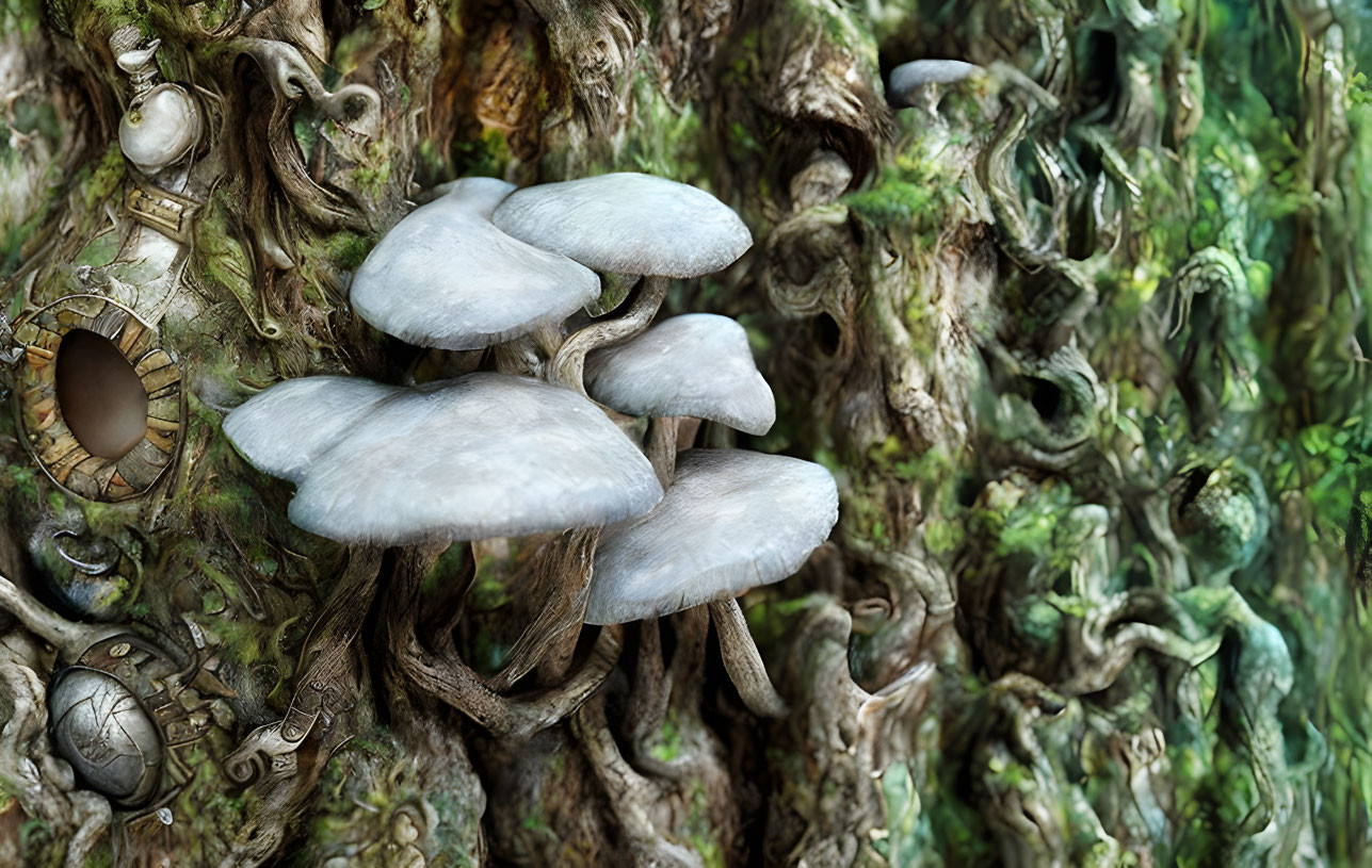 Fantasy-Inspired Image: Detailed Mushrooms on Textured Background with Clockwork Elements