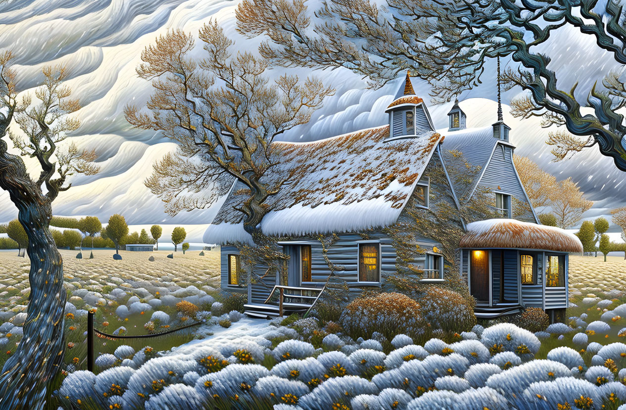 Snowy Roofed Cottage Surrounded by Flowers and Leafless Tree