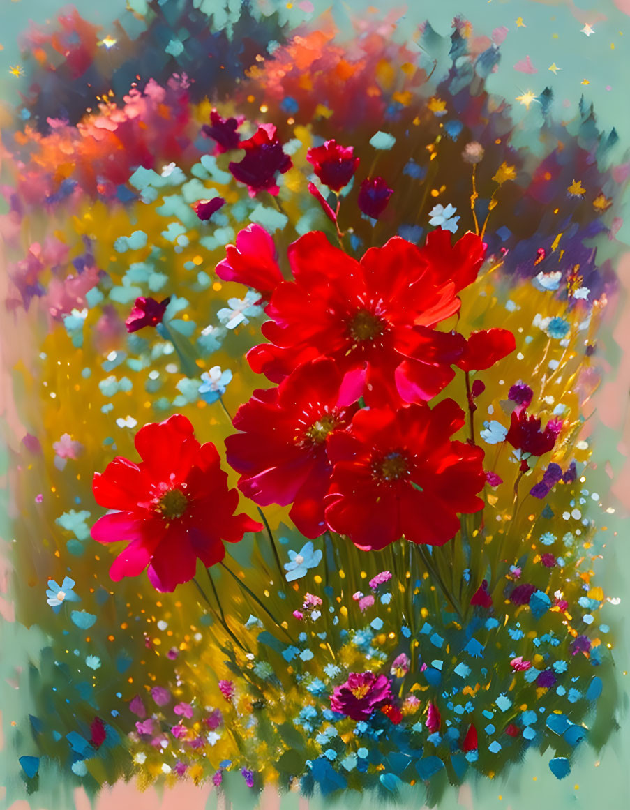 Colorful painting of red cosmos flowers with blue and pink blossoms on a multicolored background.