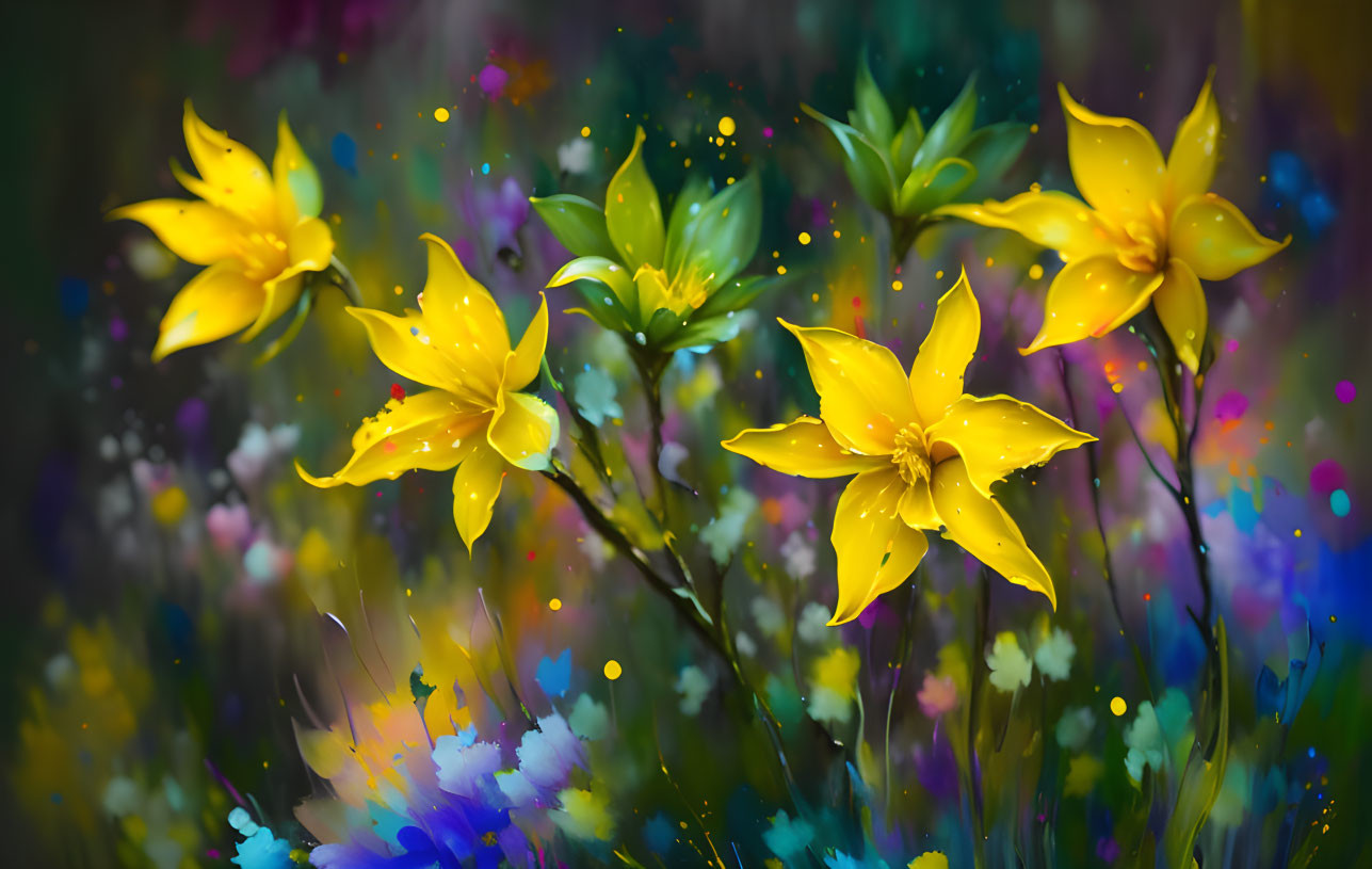 Colorful digital art featuring five yellow lilies and blurred floral backdrop.