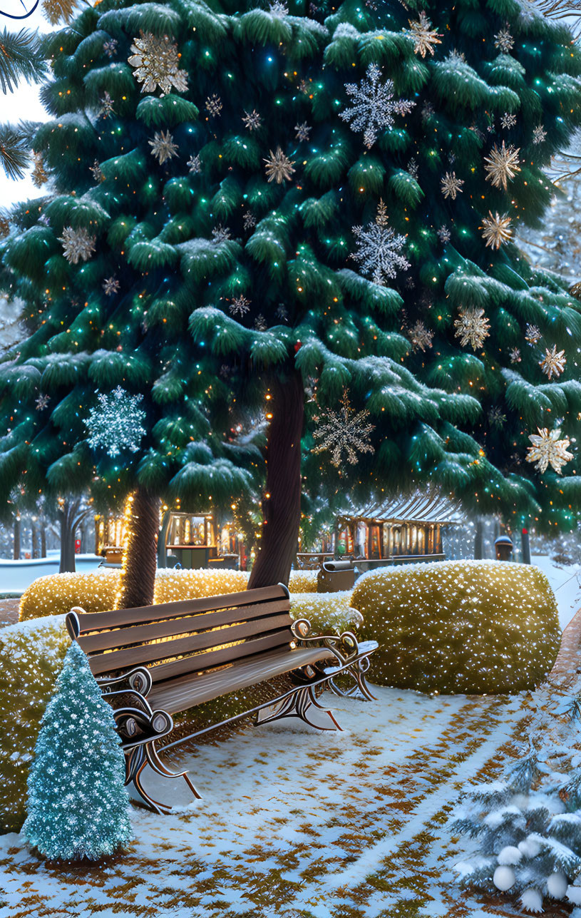 Snowy Park Scene with Christmas Tree and Festive Lights