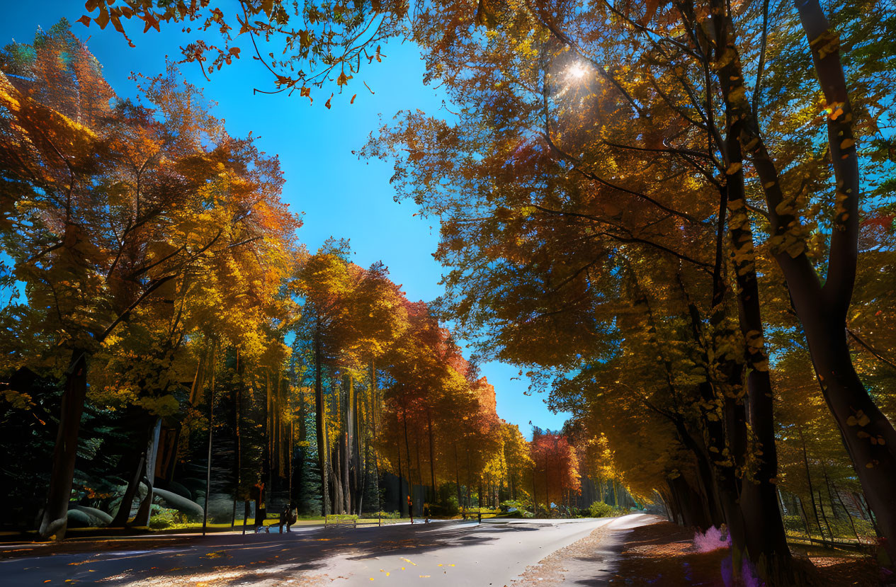 Autumn park road with vibrant tree colors under blue sky