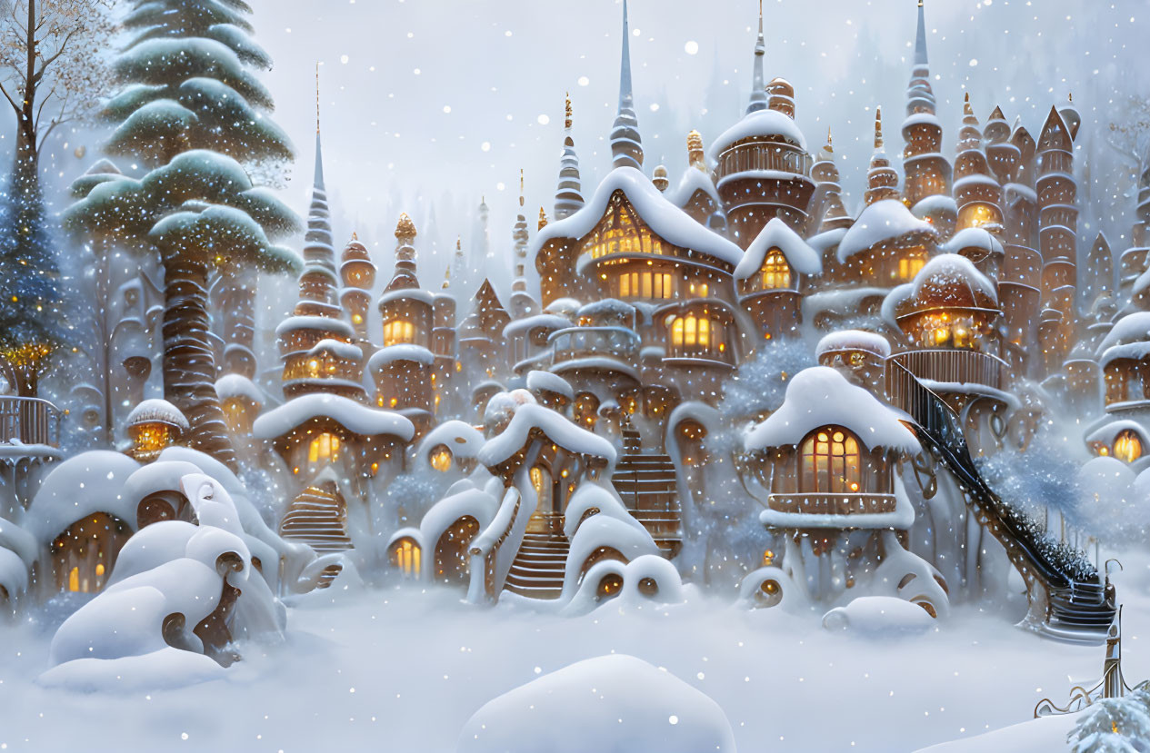 Snow-covered village with ornate buildings and falling snowflakes