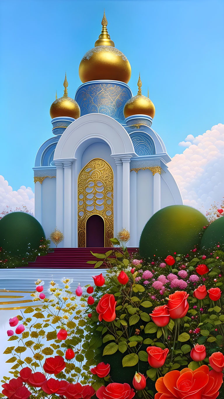 Fantastical temple with golden domes in lush landscape