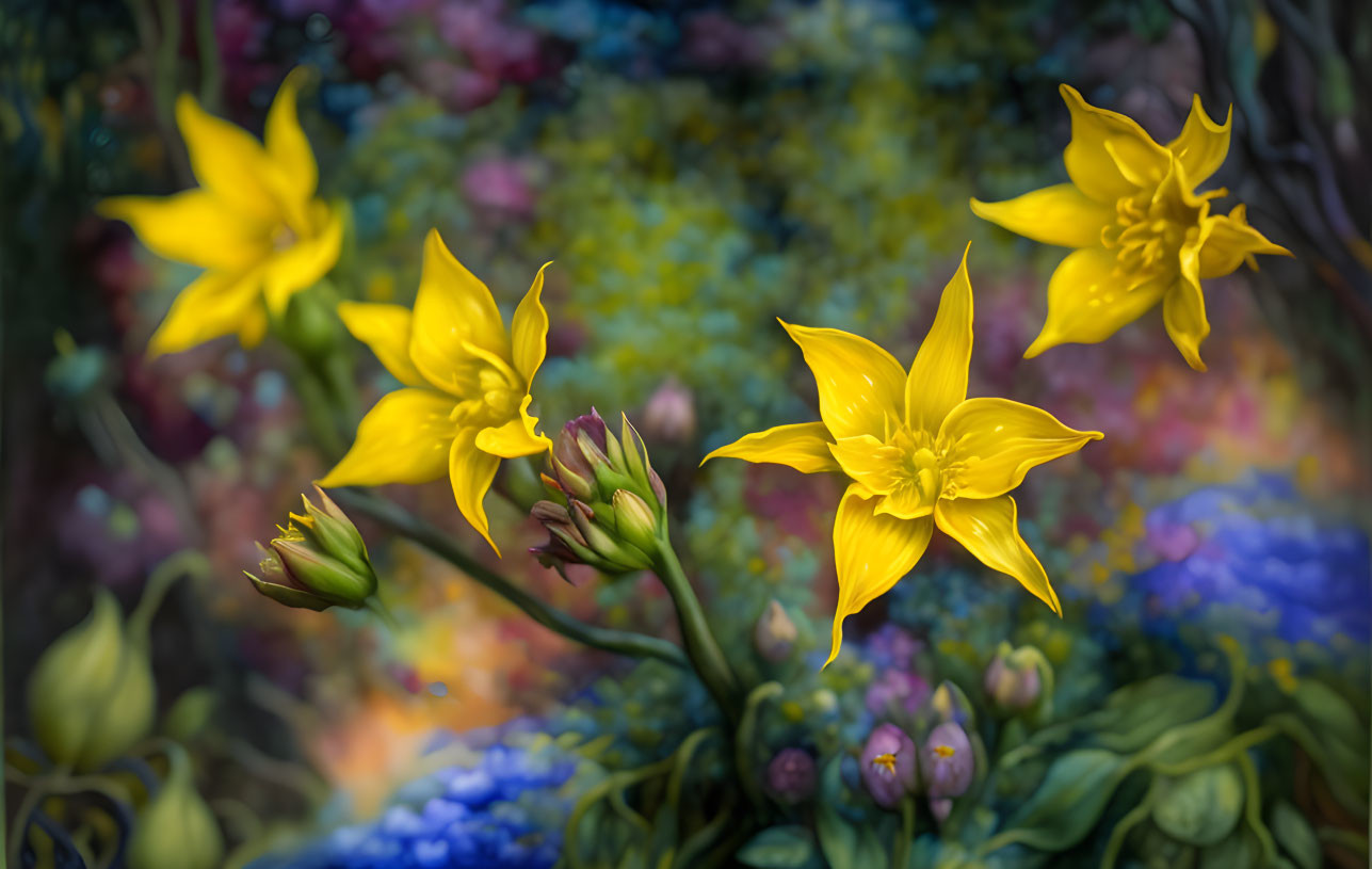 Bright Yellow Sharp Petal Flowers on Colorful Floral Background