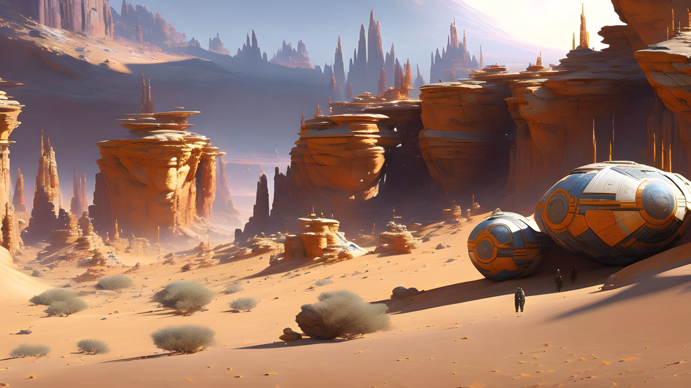 Desert landscape with rock formations and futuristic structures in clear sky