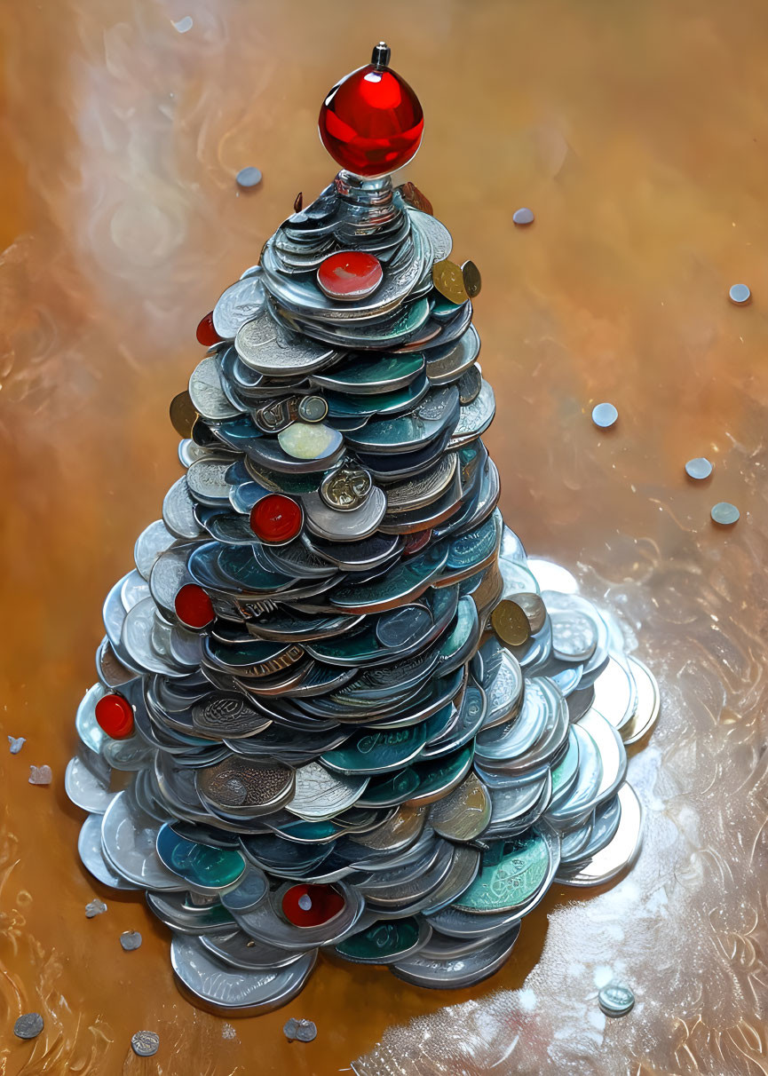 Coin Christmas Tree with Red Ornament on Orange Background