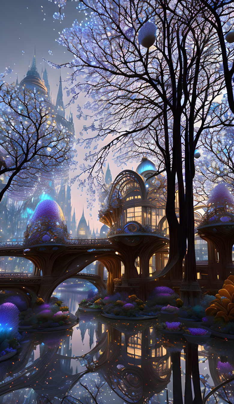 Enchanting forest with glowing mushrooms and fairy-tale castle at twilight