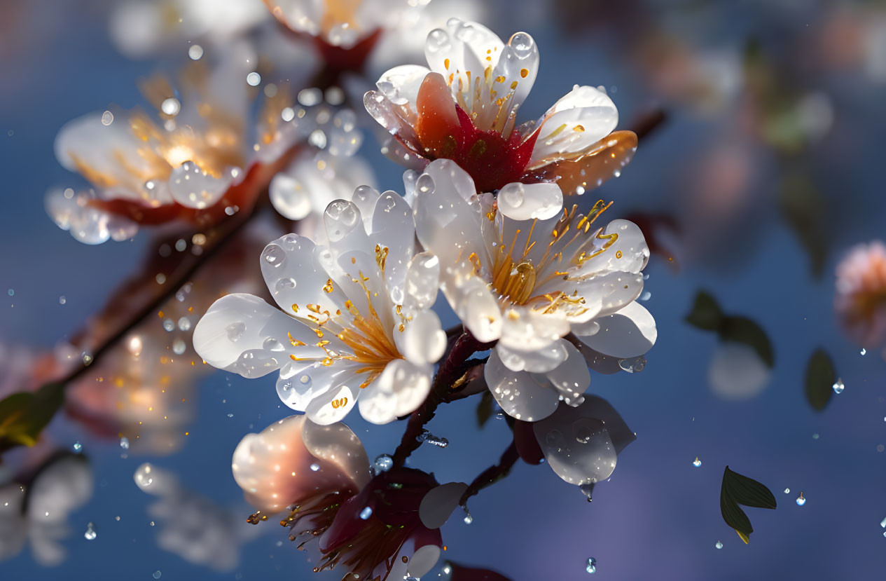 White Flowers with Yellow Centers Covered in Water Droplets on Branch