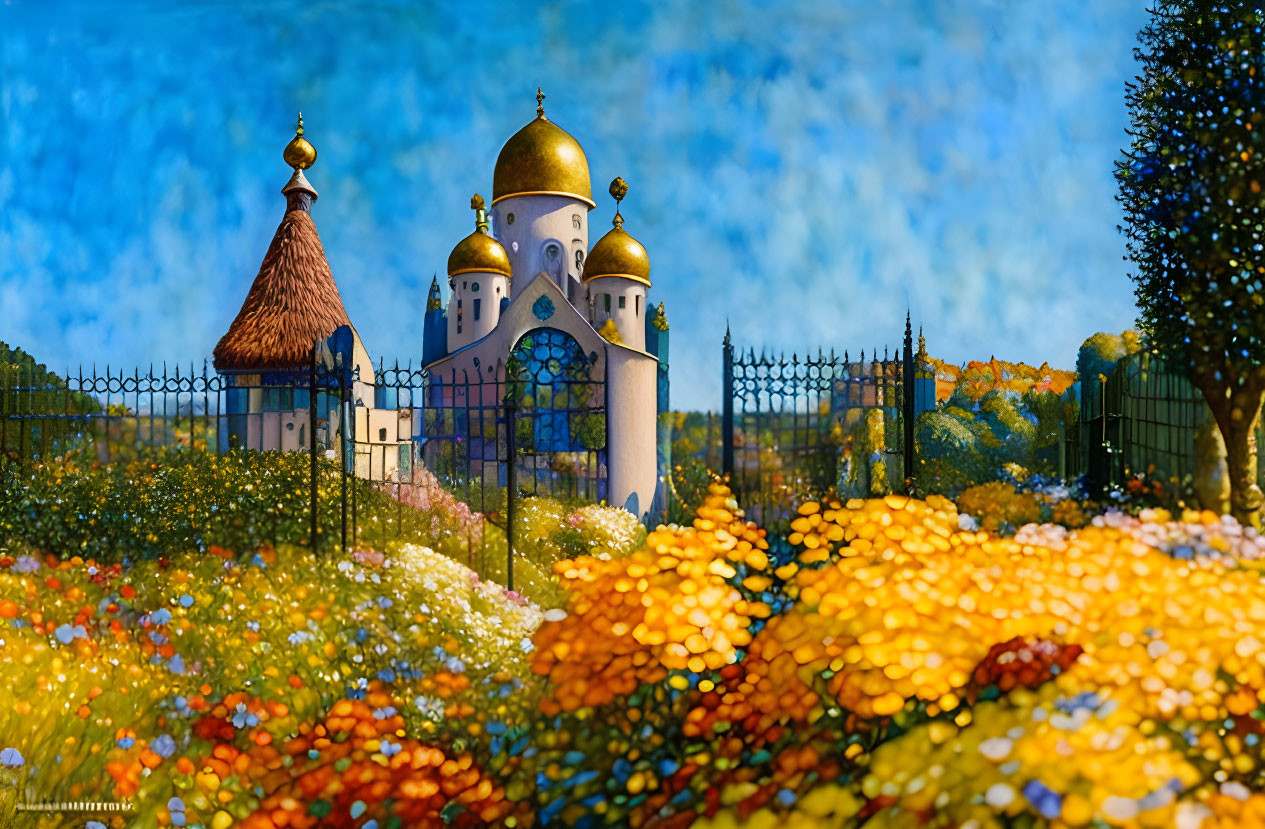 Traditional church with golden domes in colorful flower field and blue sky