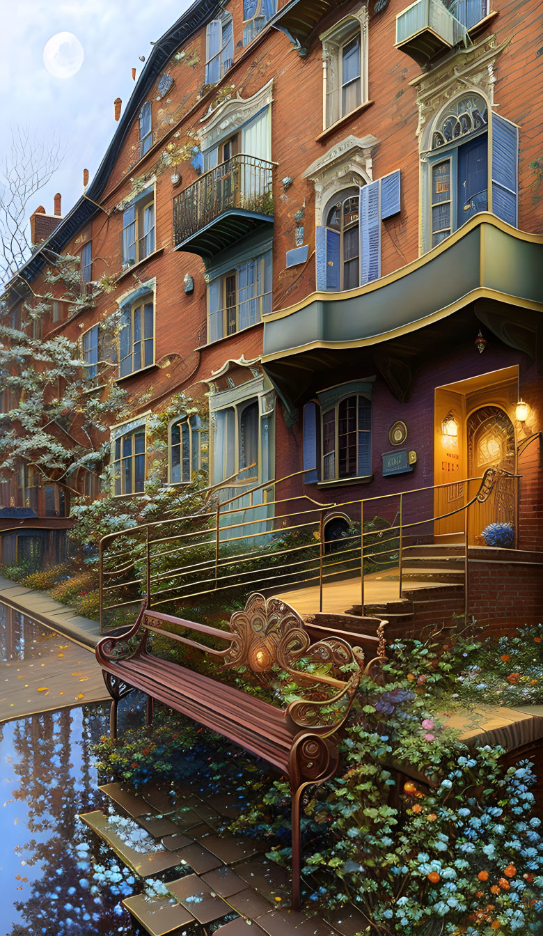 Victorian-style red brick building with cozy entrance and vibrant flowers at dusk