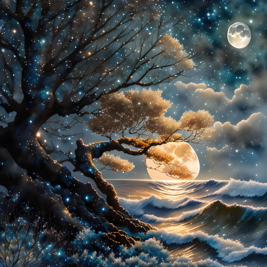 Snow-covered tree under full moon and starry sky by sparkling waves