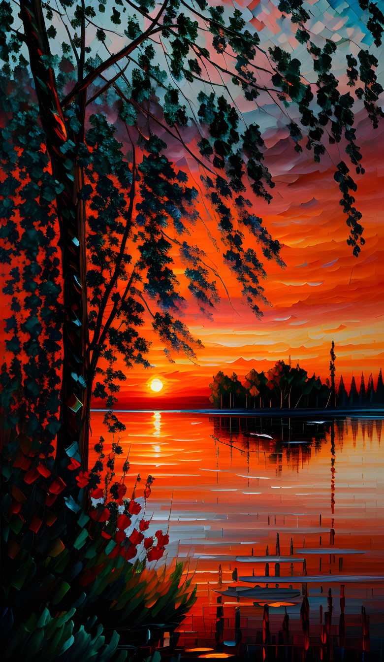 Colorful sunset painting with fiery skies and tranquil lake reflection.