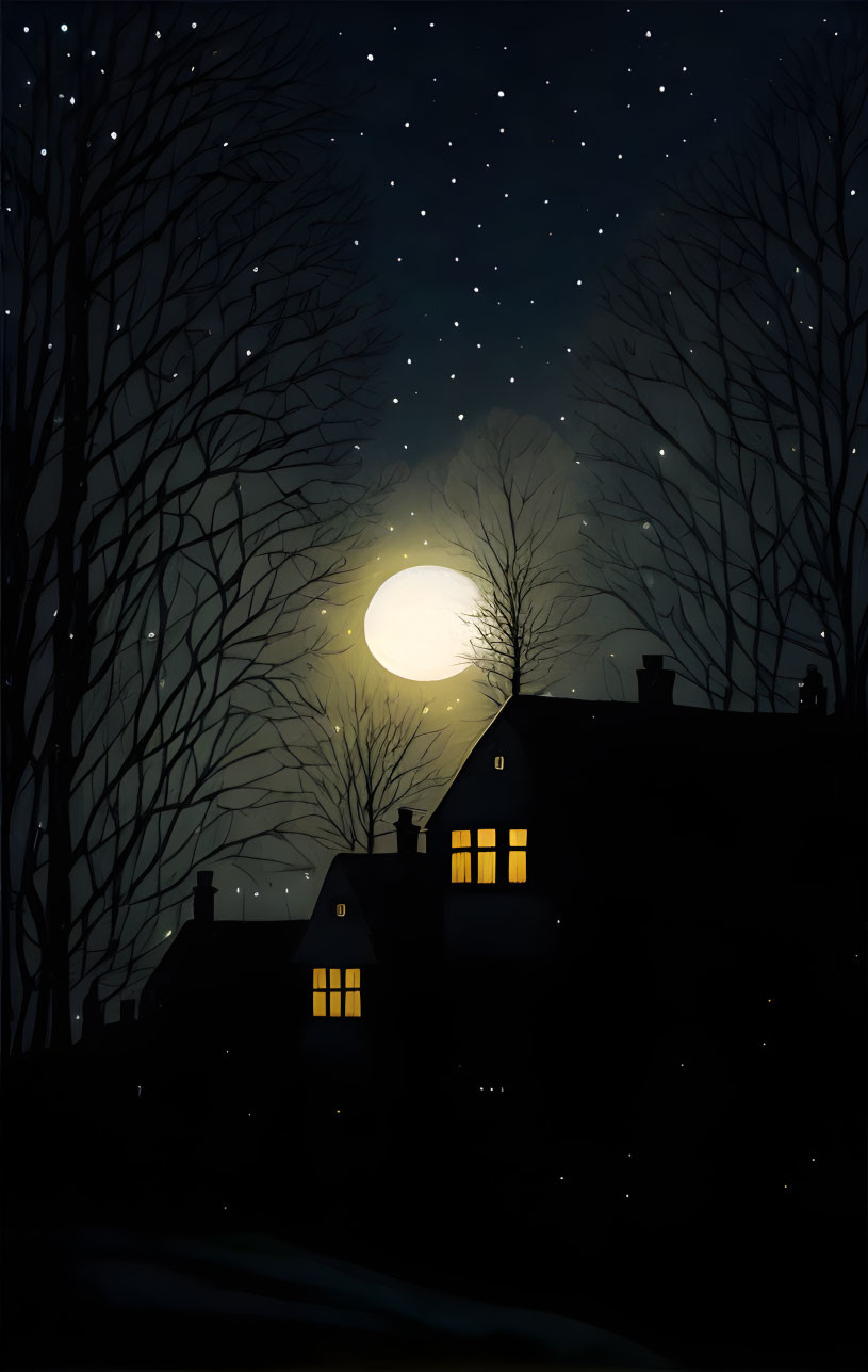 Full Moon Illuminates Tranquil Night Scene with Bare Trees and Glowing Houses